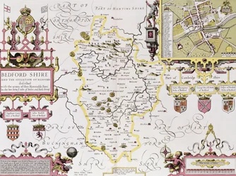 Bedfordshire a situace Bedfordu, vyrytý Jodocem Hondiem (1563-1612) z Johna Speeda 